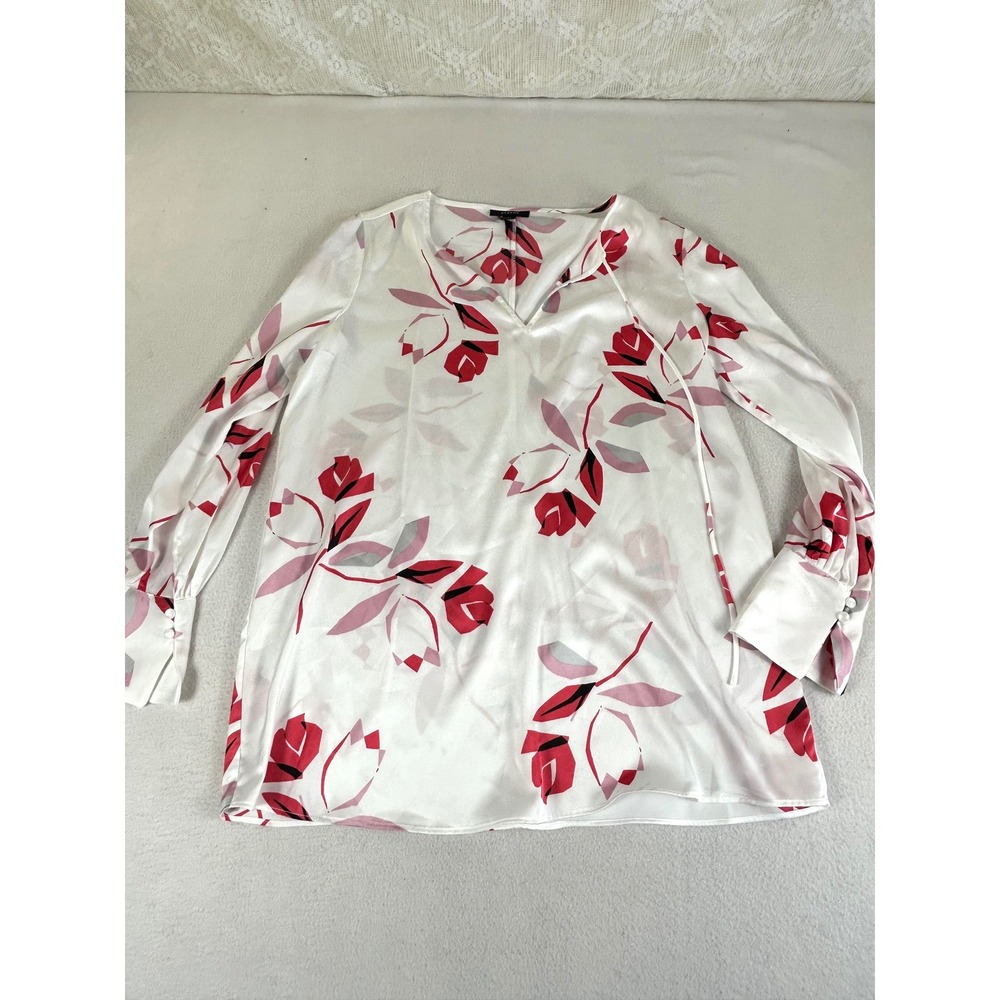 Alfani Blouse Women Small White Red Floral Satin Long Sleeve V-Neck Office Chic